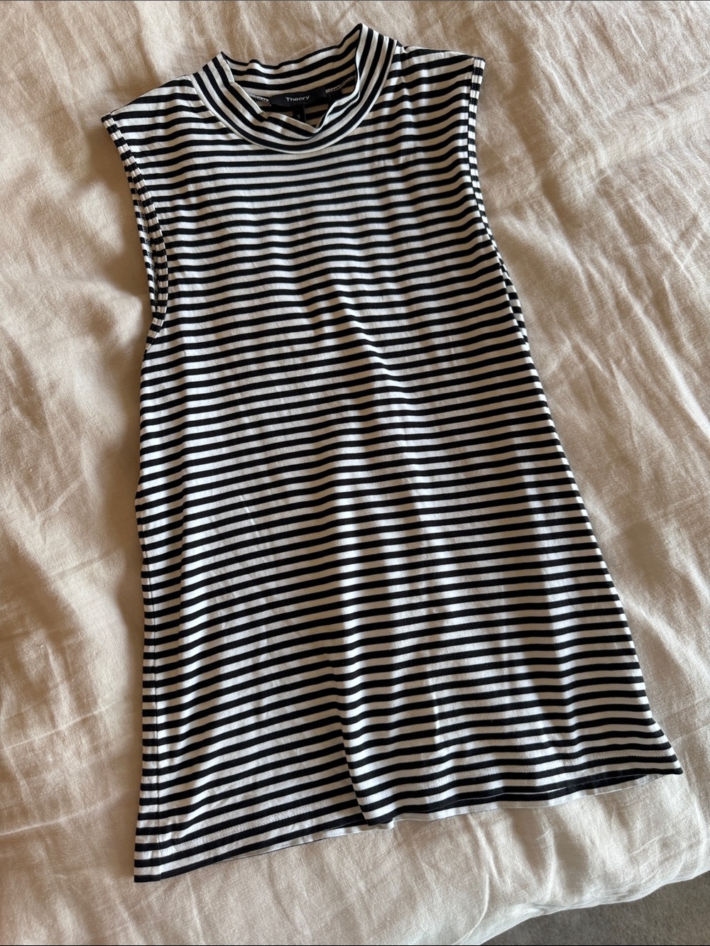 Theory Black and White Striped Mock Neck Tank Top